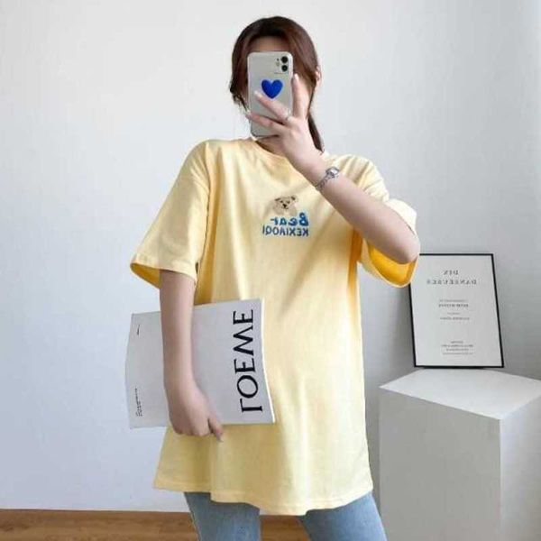 

Cotton Maternity T-Shirt | Summer Short Sleeve Crew Neck Loose Casual Cartoon Print Tee for Pregnant Women, Yellow