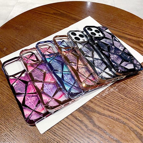 

Designer Luxury Plating Colorful Marble Geometric Diamond Lattice Case for IPhone 15 12 13 14 Pro Max Soft Silicon Armor Shockproof Cover, Silver