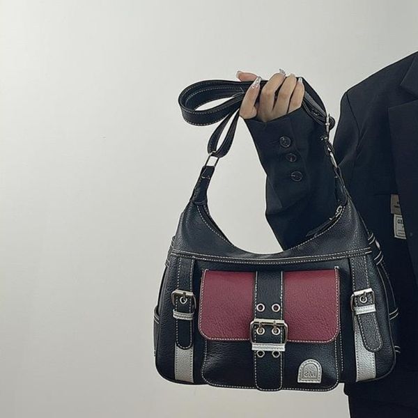 

High quality bag retro bag y2k spicy girl motorcycle bag women's color blocking single shoulder large capacity crossbody bag trend, Black