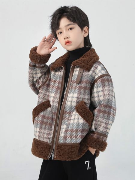 

Boys plush warm jacket for children's autumn and winter wear, new Korean version of western-style children's clothing plaid fur integrated jacket, Checkered chocolate