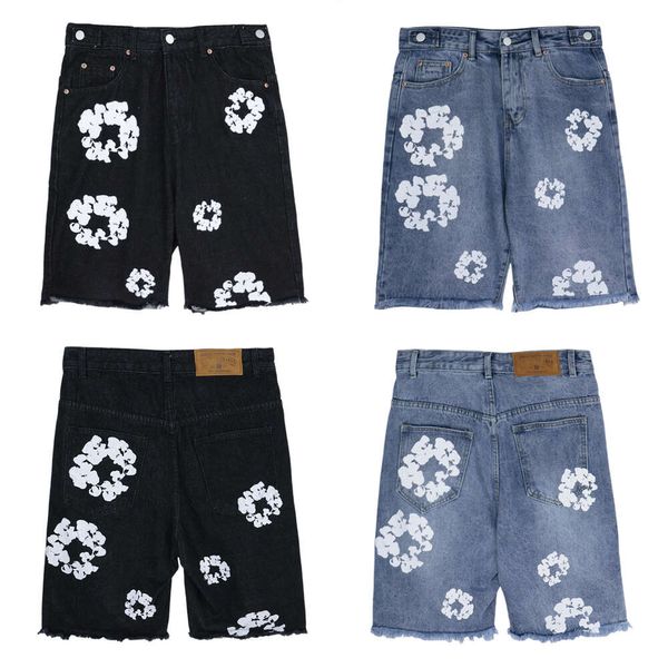 

High quality European and American high street ins with the same denim kapok cloud pattern straight fit loose denim shorts, Wash blue (in stock)