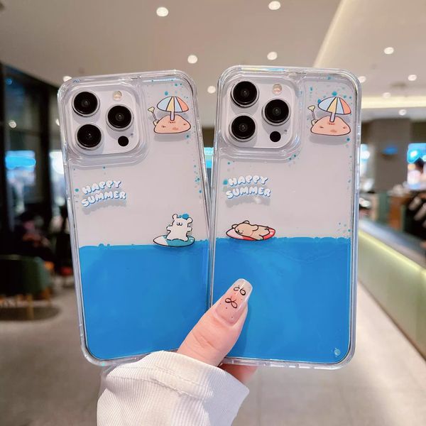 

Cute Puppy Surfing Dynamic Quicksand Phone Case for IPhone 15 14 13 12 11 Pro Max Soft TPU Cover, White
