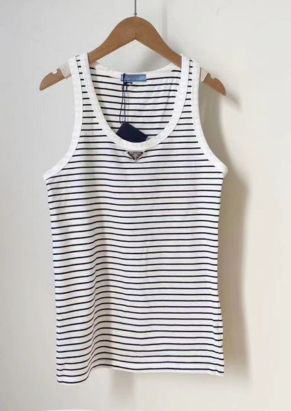 

New Striped Elastic Metal Triangle Logo Tank Top: Ultra-Comfortable, Breathable, Street-Style, Versatile, Sexy Casual Vest for the Modern Fashionista, White