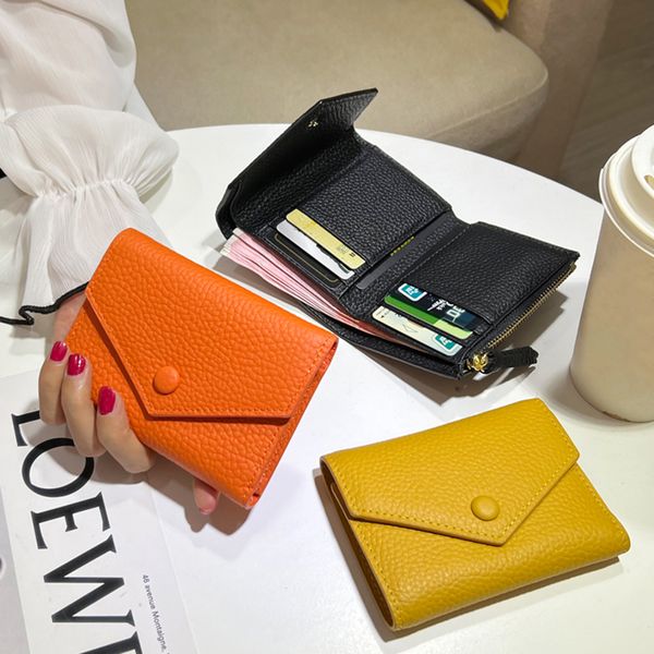 

100% Genuine Leather Small Women Tifold Envelope Card Holder Purse Multipurpose Zip Coin Cowhide Short Lady Wallet top AAA, Beige