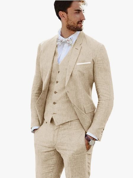 Men's Linen Single Breasted Wedding Suits 3 Pieces (Suit 2025 & Vest & Pants) Elegant Men's Gowns new Customizable Best Groom Attire