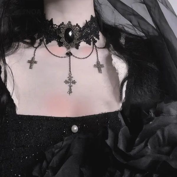 Luolita Sexy Gothic Chokers Crystal Gear Chain Black Lace Neck Choker Necklace Vintage Women 2025 new Punk Jewelry