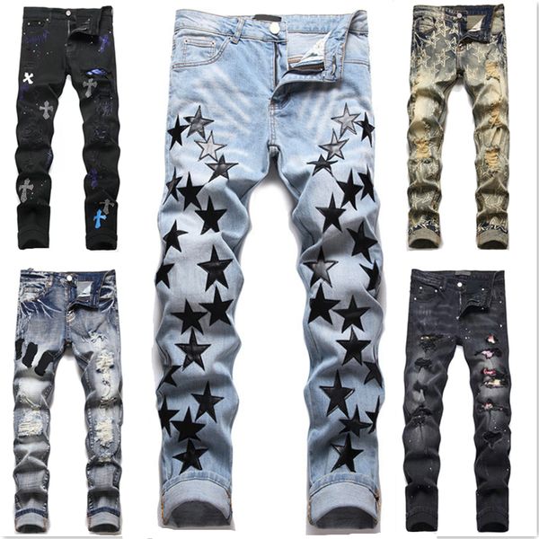 

pants Street Brand embroidery black fitting Slim purple for men with stars tall ripped jeans mens designer trousers, Beige