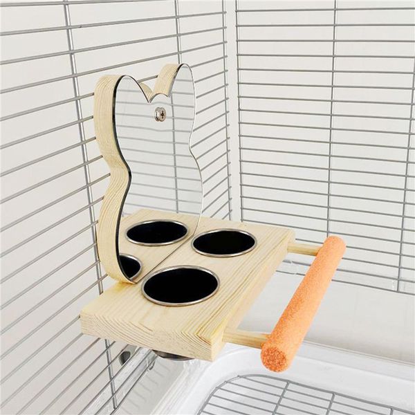 

Parrots Mirror With Feeder Cups Bowl Wooden Birds Interactive Self-happy Puzzle Toy Bird Cage Parrot Toys Accessories