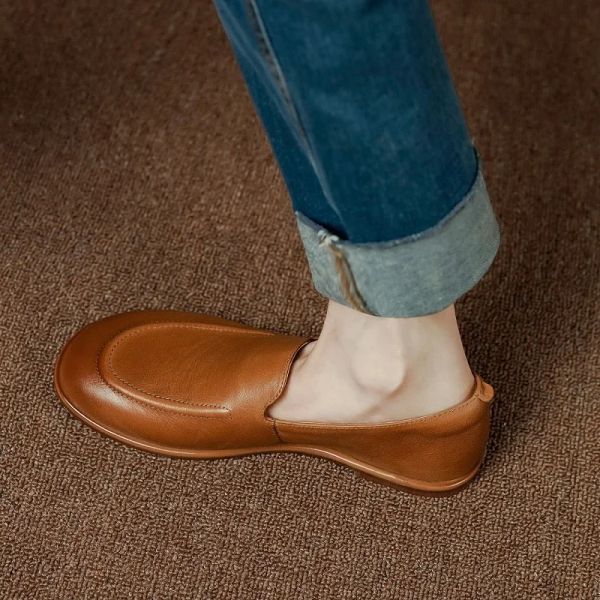 Spring Loafers Woman Shoes Cowhide Real Leather Round Toe Women Flat Shoes Lazy Slip-On Vintage Loafers Lady Casual Walk Shoes
