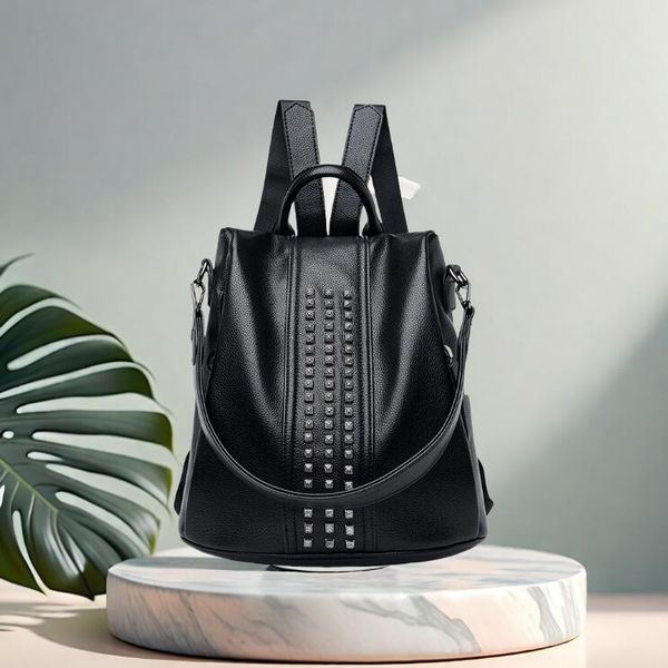 

Personality women shoulder bag simple anti theft padded leather leisure backpack trend rivet personalized travel backpack solid color women handbag wholesale, Black