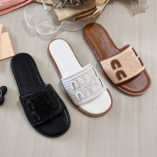 Designer Sandals Women Sandles Sandale Raffia Woven Fabric Slides Straw Sliders Flats Sandal Black Beige Slippers Flip ps Comfy Knitted Flat sandals Shoes
