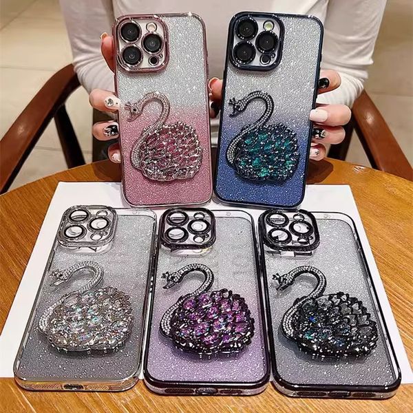 

3D Bling Quicksand Swan Clear Phone Case for IPhone 15 14 11 12 13 Pro Max Diamond Glitter Sequins Gradient Plating Back Cover, Black