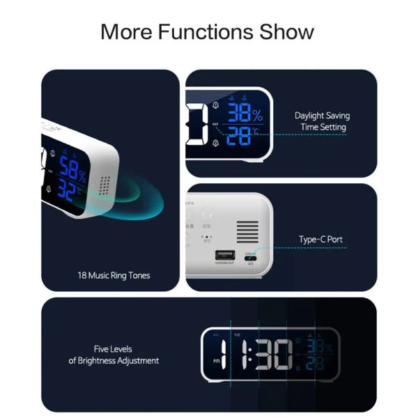 Digital Music Alarm LED Clock 12/24 Hour Adjustable Volume Mirror Clocks Temperature Humidity Snooze Rechargeable Table Clock smile