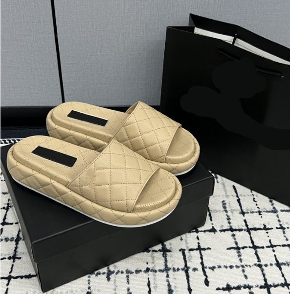 

Designer women's thick soles slippers Classic Round head Open toe sandals Leisure vacation indoor outdoor leather Black white ladies beach slippers Female Sandals, Khaki