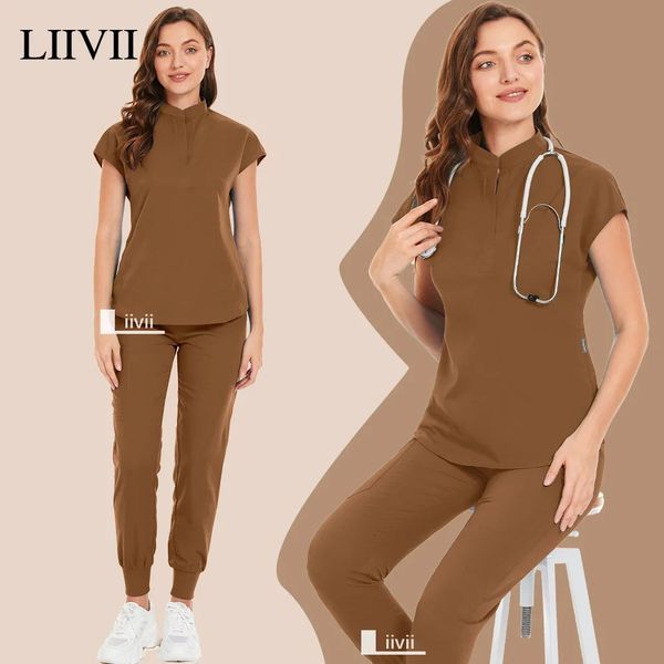 

Brown Beauty Workwear Women Nurses Uniform Scrubs Set Spa Tops Pants Clinic Carer Nursing Uniforms Jogger Suits 240527, 42024dark brown