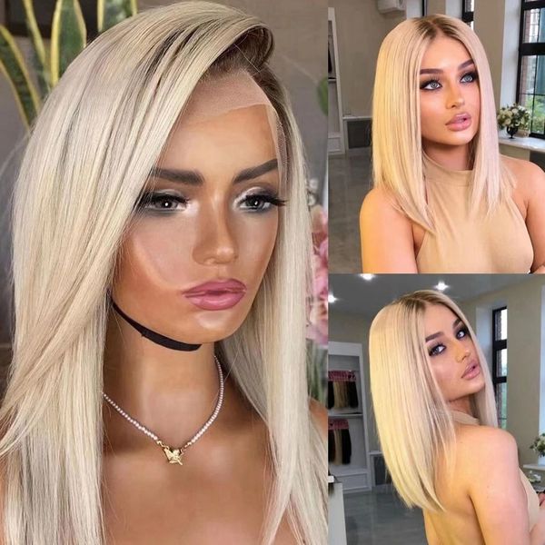 

Straight Glueless Blonde Ombre Short Lace Frontal Wig Highlight Brazilian Human Hair Wigs for Women 13x4 HD Transparent Lace Wig s, Ombre color