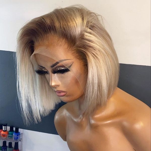 

Peruvian Soft Ombre Honey Blonde Remy Human Hair Short Bob Wig Glueless Transparent HD Lace e Cut 13x4 Frontal Wigs Preplucked Acas, Black