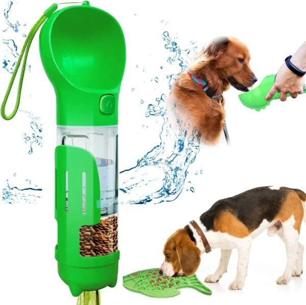 

3-in-1 Pet Dog Travel 300/500ml Water Drinker Food Feeder Dispenser Outdoor Detachable Portable Bowl Poop Shovel Garbage Bag Storage, Fuschia