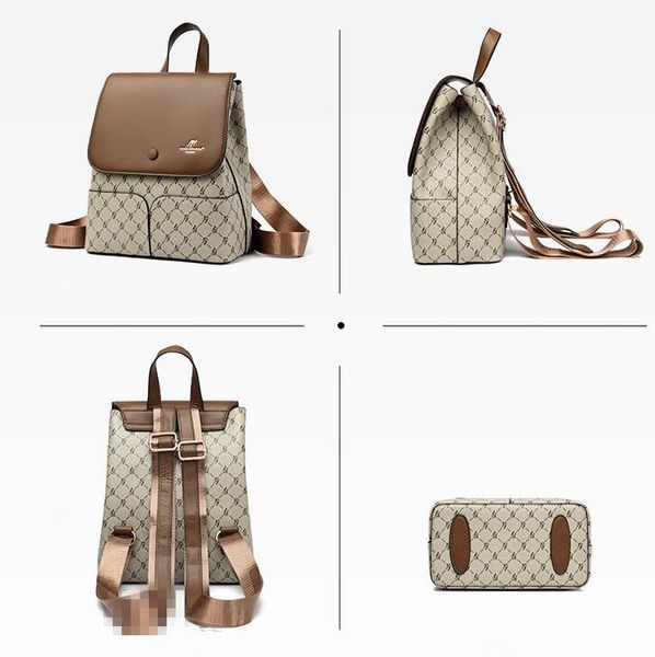 

Factory outlet shoulder bag 7 elegant atmosphere rhombus handbag large capacity three-layer leather leisure backpacks popular double-pocket fashion backpack, Beige