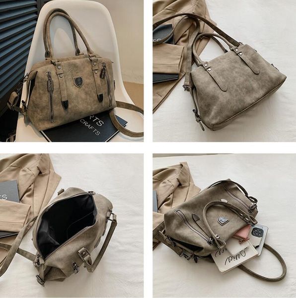 

wholesale shoulder bag 2 colors outdoor sports leisure leather travel backpack large capacity double zipper fashion Tote bag retro Joker frosted leather handbag, Black