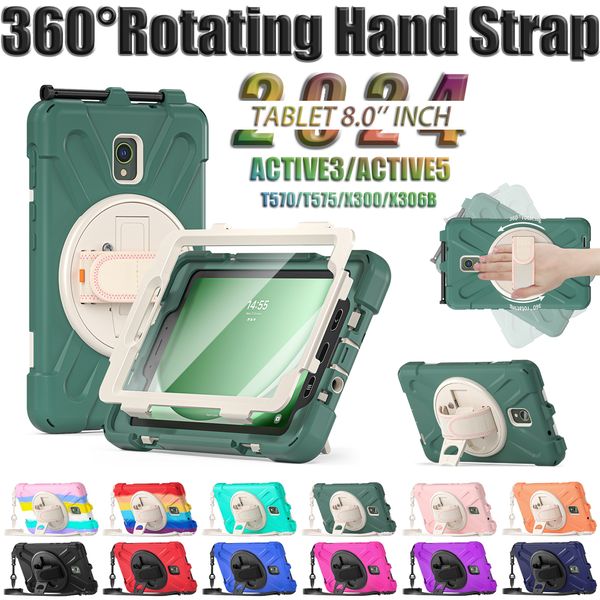 Heavy Duty Kickstand Tablet Cases For Samsung Galaxy Tab Active5/3 8" 360 Rotating Hand Strap Anti-drop Case With Shoulder Strap Shockproof Kids Safe Cover +Screen Film