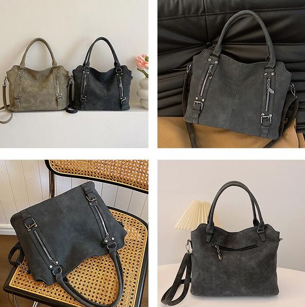 

Factory wholesale shoulder bag 2 colors simple Joker solid color leisure handbag large capacity padded leather tote bag personality double zipper fashion handbag, Grey