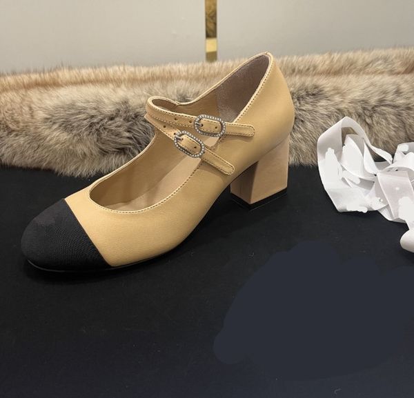 

Designer thick heels leather shoes mary jane shoes retro Double buckle women's shoe round toe girls ladies Resort Beach Banquet black white flat ballet shoes, Khaki