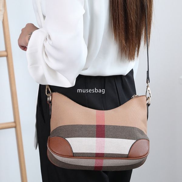 

New Cow Horn Bag High end Genuine Leather Women Bag Underarm Bag Single Shoulder Crossbody Bag Retro Checkered Canvas Bag, Deep brown