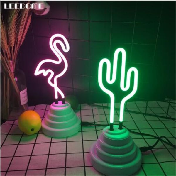 

3D Dropship Flamingo Cactus Shaped Neon Nightlight DC 5V Pink Green Handcrafted Glass Tube Neon Lamp For Festival Decoration 201P