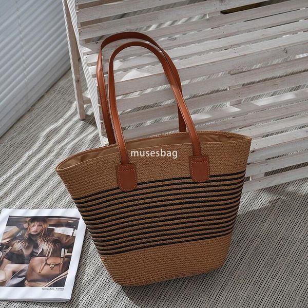 

Fashion Women's Handbag Retro Shoulder Bag Designer Women's Grass Woven Bag Single Shoulder Woven Bag Large Capacity Women's Beach Bag, Black wide stripes