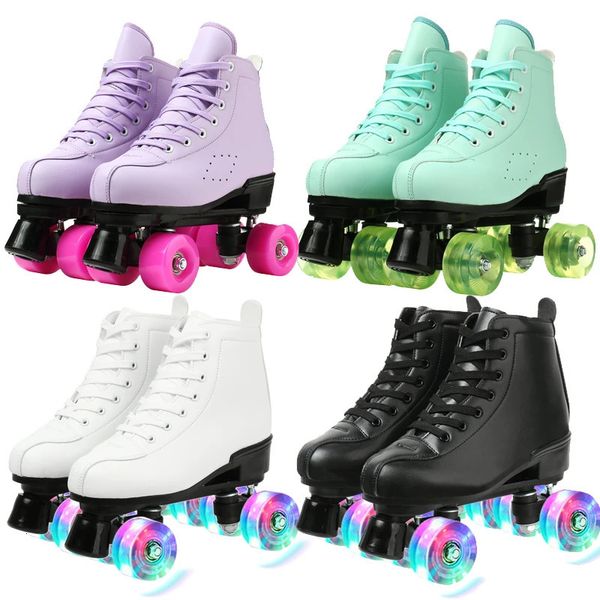 Women White PU Leather Roller Skates Skating Shoes Sliding Inline Quad Sneakers Training Europe Size 4 Wheels Flash Wheel L2687