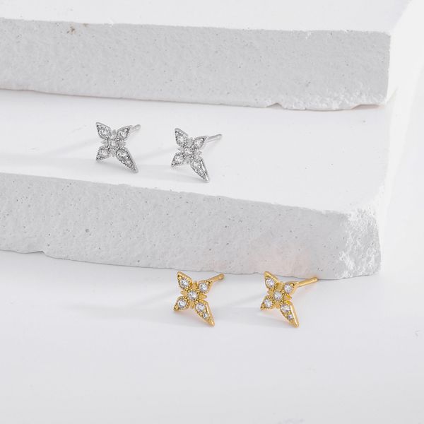 

S925 pure silver earrings with diamond studded four-star earrings, niche design, high-end earrings for women