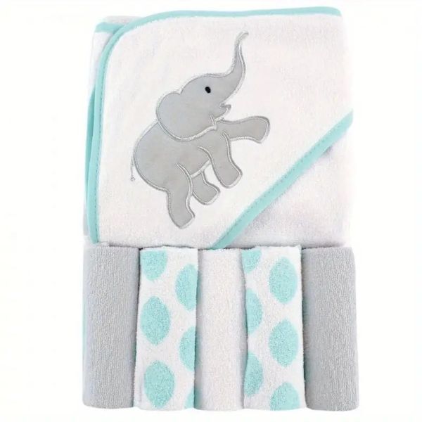 

Soft and comfortable elephant pattern hooded bath towel with 5 matching face towels - hine washable,  fits all