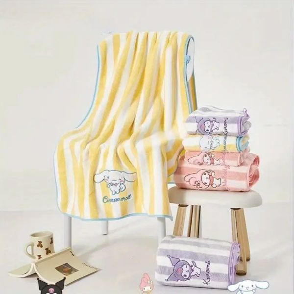 

Cute cartoon themed super absorbent coral veet bath towel modern striped design, cute character embroidery, knitted fabric