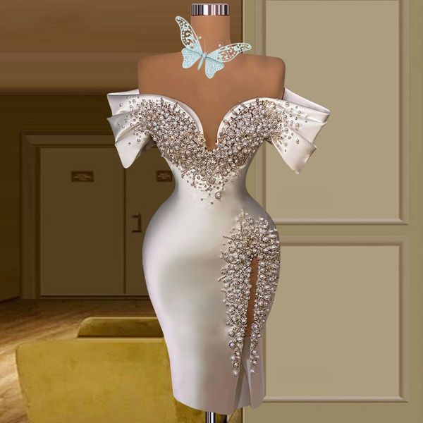 

Sexy Pleats Off The Shoulder Pearls Wedding Dresses Beading Short Bridal Gowns Backless Custom Made Plus Size Robe De Mariee, Ivory