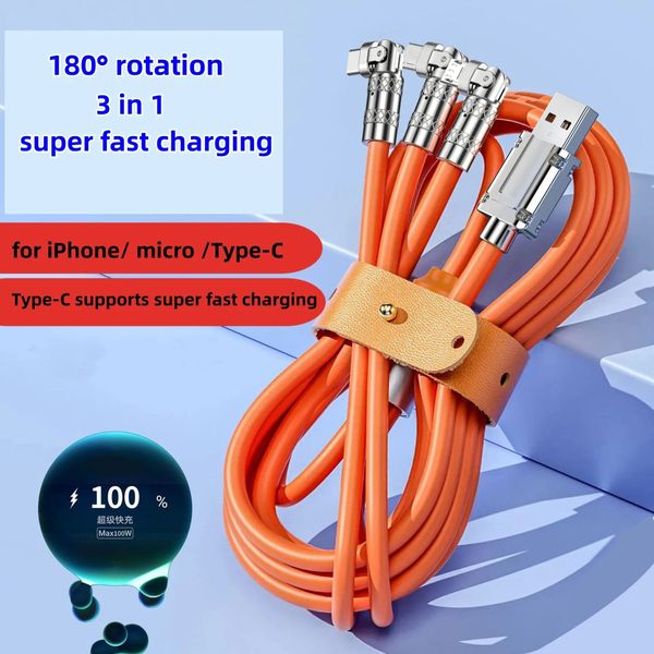 180° Rotation 3 in 1 USB Data Cable 120w Super Fast Charging Cable For Android Type-C Mobile Phone Charger Cable Cord 1.2M 2M