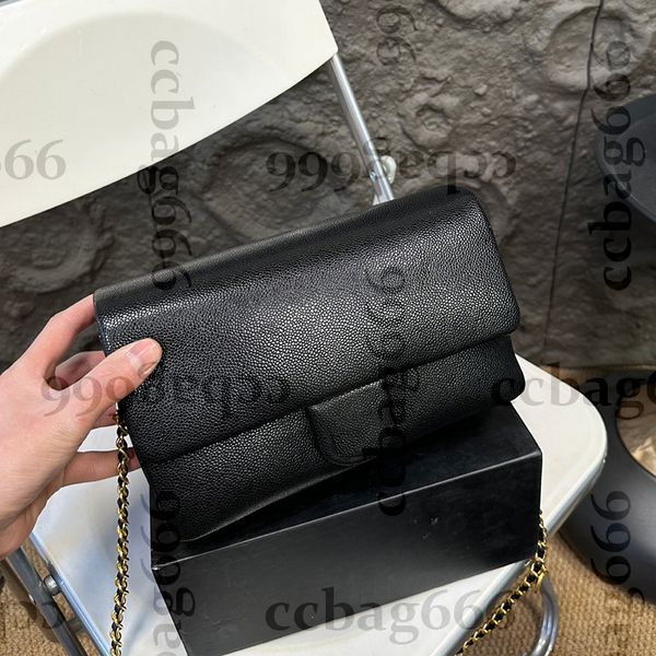 

24K Women Grained Calfskin Caviar Leather Medium CF Shoulder Bags Classic Flap Gold Metal Hardware Matelasse Chain Crossbody Turn Lock Luxury Designer Handbag 23CM, Black