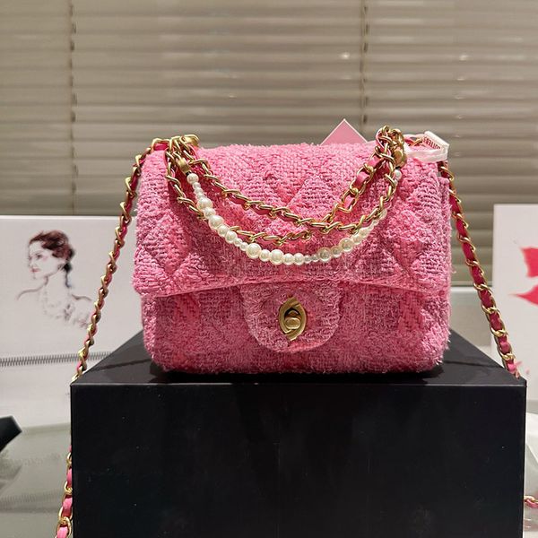 

23p Woolen Women Designer classics presbya Shoulder Bags With Chain Square Water ripple Twist Bag Crossbody bag waterproof handbags Totes 20cm, Pink