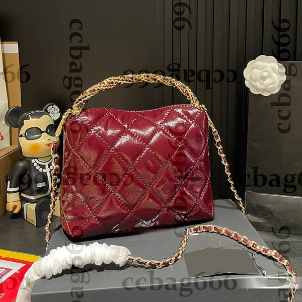

Women Shiny Oilx Wax Leather Cosmetic Case Bags Top Portable Handle Totes Purse Hobo Hand Bag Wedding Evening Party Gold Matelasse Chain Crossbody Makeup Purse 18cm, Black
