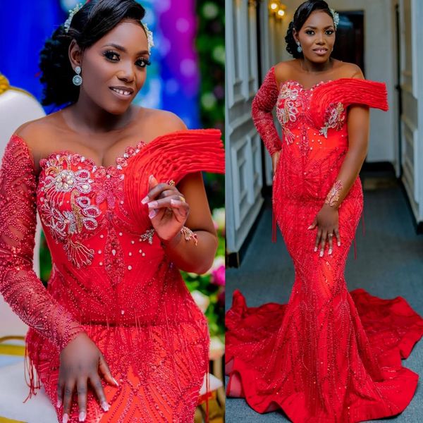 

Red Mermaid Prom Dresses 2025 Lace Beaded Full Sleeves Sheer Neck Evening Formal Party Second Birthday Engagement Gowns Plus Size Dress For Special Occasions, Royal blue