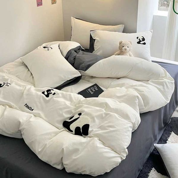 

Ins Cartoon Panda Bedding Set Towel Embroidery Duvet Queen Twin Full Size Grey Bed Flat Sheet Quilt Cover casesC241207, Spa mint