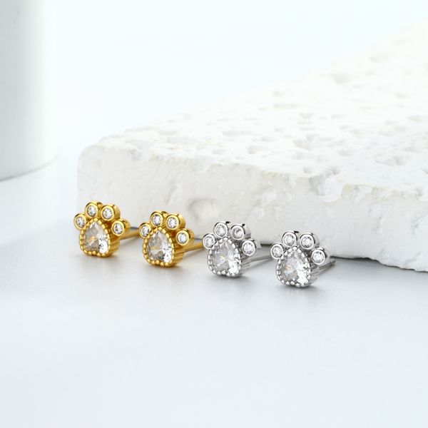 

S925 pure silver inlaid zircon flower earrings, simple and cute cat paw earrings