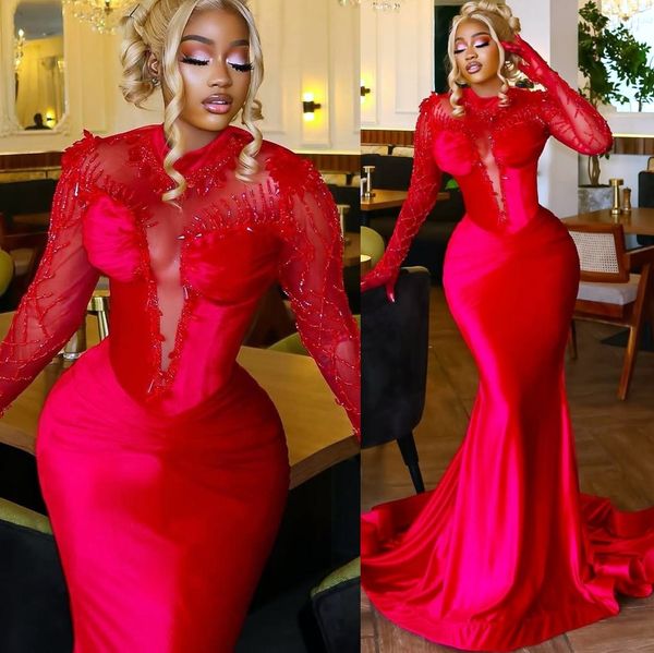 

Red Mermaid Prom Dresses 2025 Full Sleeves Rhinestones Beaded Satin Evening Formal Party Second Birthday Engagement Gowns Plus Size Dress For Special Occasions, Green