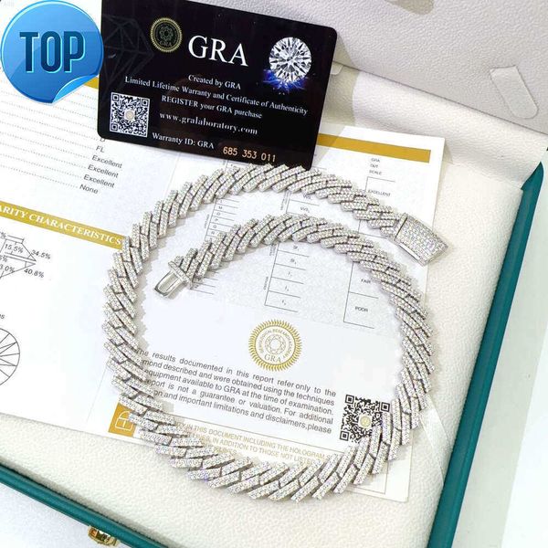 

12mm Cuban Silver Chain Plated Necklace for Men Moissanite Prong Link 925 Diamond Bracelet