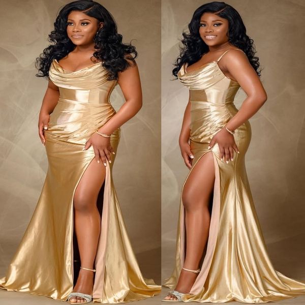 

Gold Mermaid Prom Dresses 2025 Spaghetti Satin High Split Evening Formal Party Second Birthday Engagement Gowns Plus Size Dress For Special Occasions, Dark navy