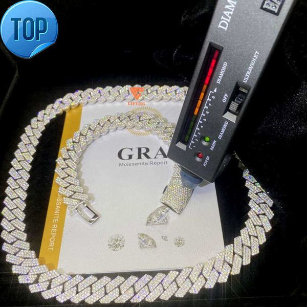 

Ice Out 15mm 3row Vvs Moissanite Necklace Cuban Link Chain Handset Diamond Solid Sterling Silver Hiphop Men Cuban Chain Bracelet