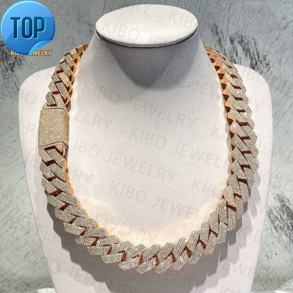 

20mm 4 Rows High Quality Sterling Silver Iced Out Prong Setting Vvs Moissanite Diamond Rose Plated Cuban Link Chain