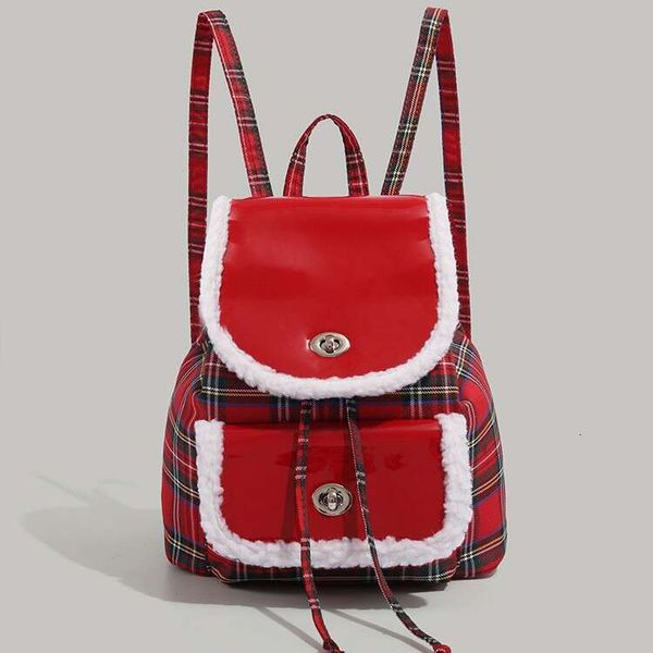 

American college style plush soft leather backpack, women's lambhair handbag, 2024 new Christmas atmosphere backpack, Red