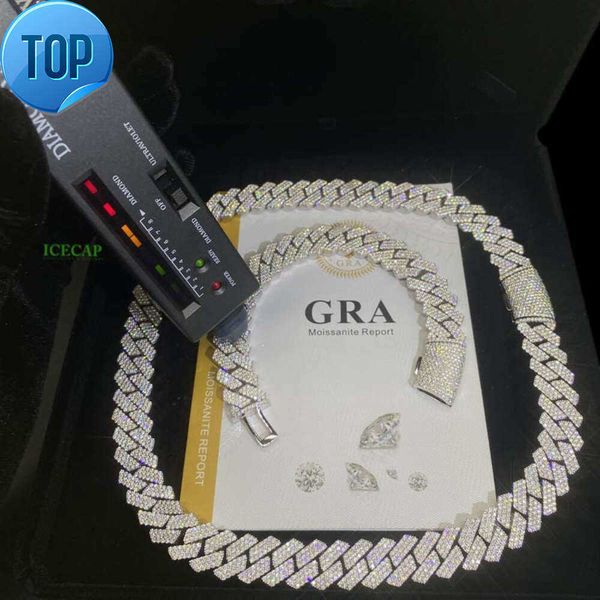 

15mm 3rows Vvs Moissanite Miami Cuban Chain Pass Diamond Test 925 Sterling Silver Bracelet White Gold Cuban Link Chain Necklaces