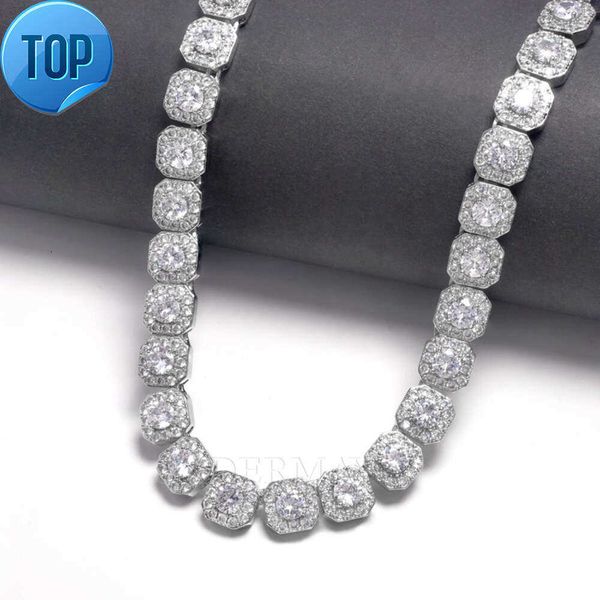 

Moissanite Tennis Chain 10mm/12mm Square Cluster Link 925 Silver Hip Hop Rock Candy Halo Tennis Necklace